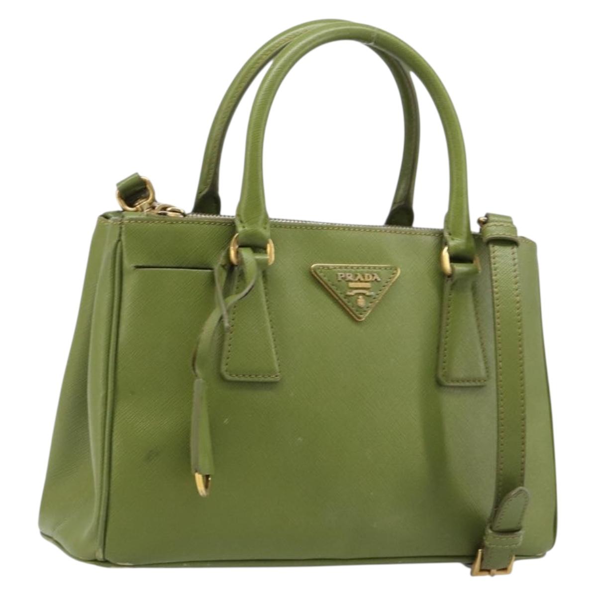 PRADA Galleria Hand Bag Saffiano 2way Green Gold Tone Auth 199533A