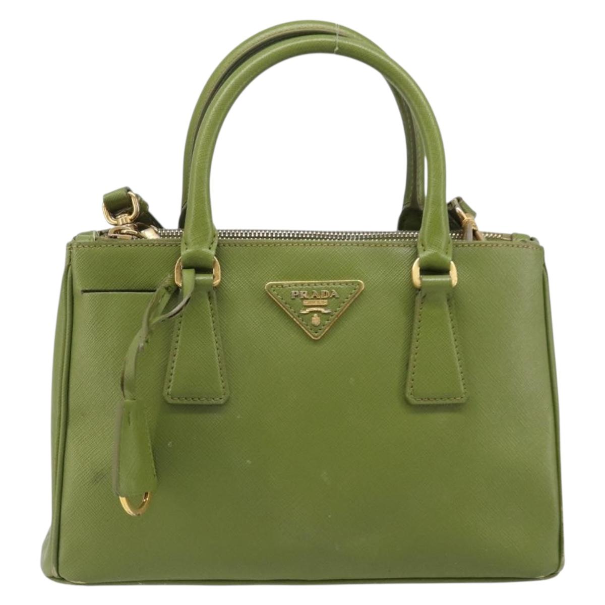 PRADA Galleria Hand Bag Saffiano 2way Green Gold Tone Auth 199533A