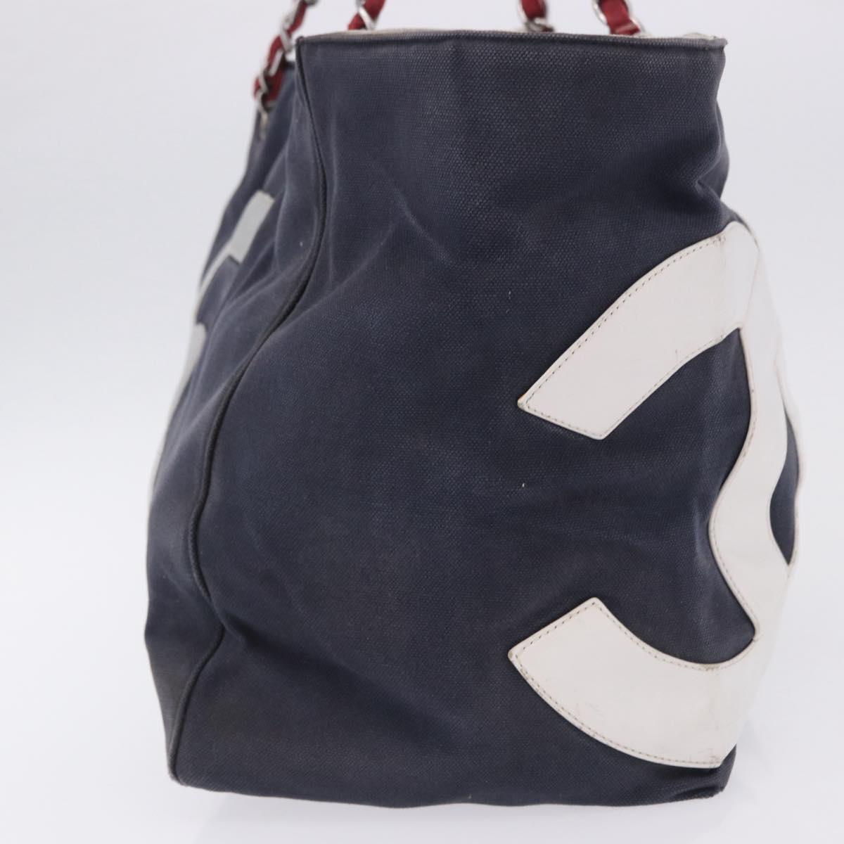CHANEL Choco Bar Chain Boston Bag Canvas Navy Silver CC Auth 199538