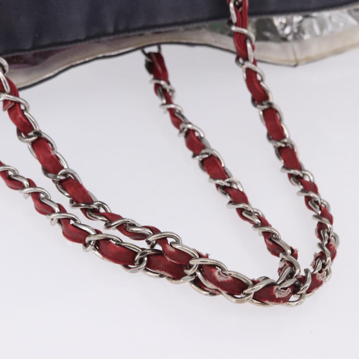 CHANEL Choco Bar Chain Boston Bag Canvas Navy Silver CC Auth 199538