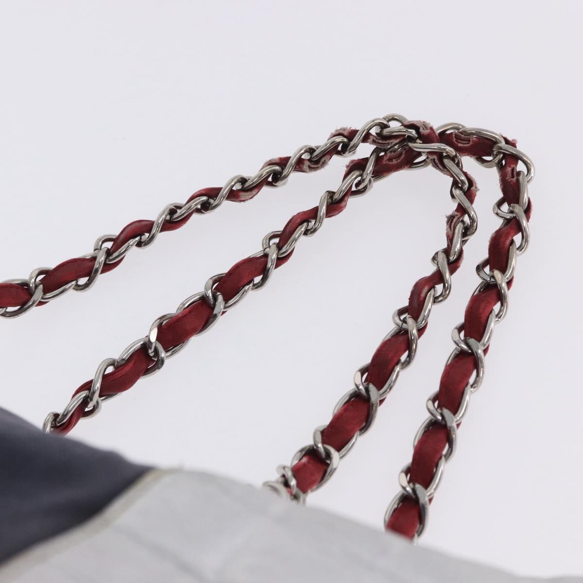 CHANEL Choco Bar Chain Boston Bag Canvas Navy Silver CC Auth 199538