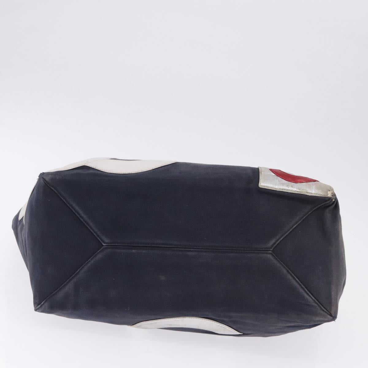 CHANEL Choco Bar Chain Boston Bag Canvas Navy Silver CC Auth 199538