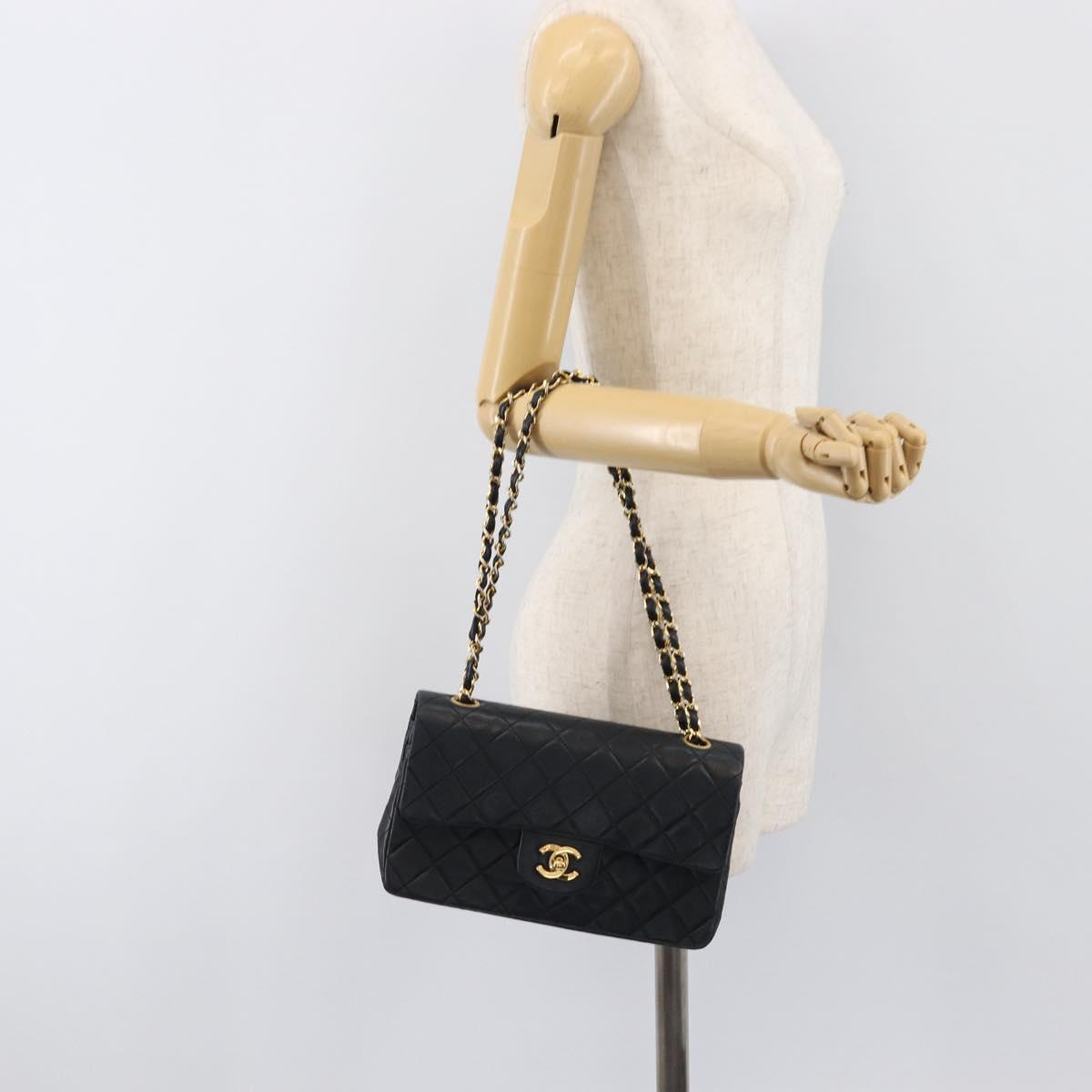 CHANEL Matelasse23 Double Flap Chain Bag Lamb Skin Black CC Auth 199542M
