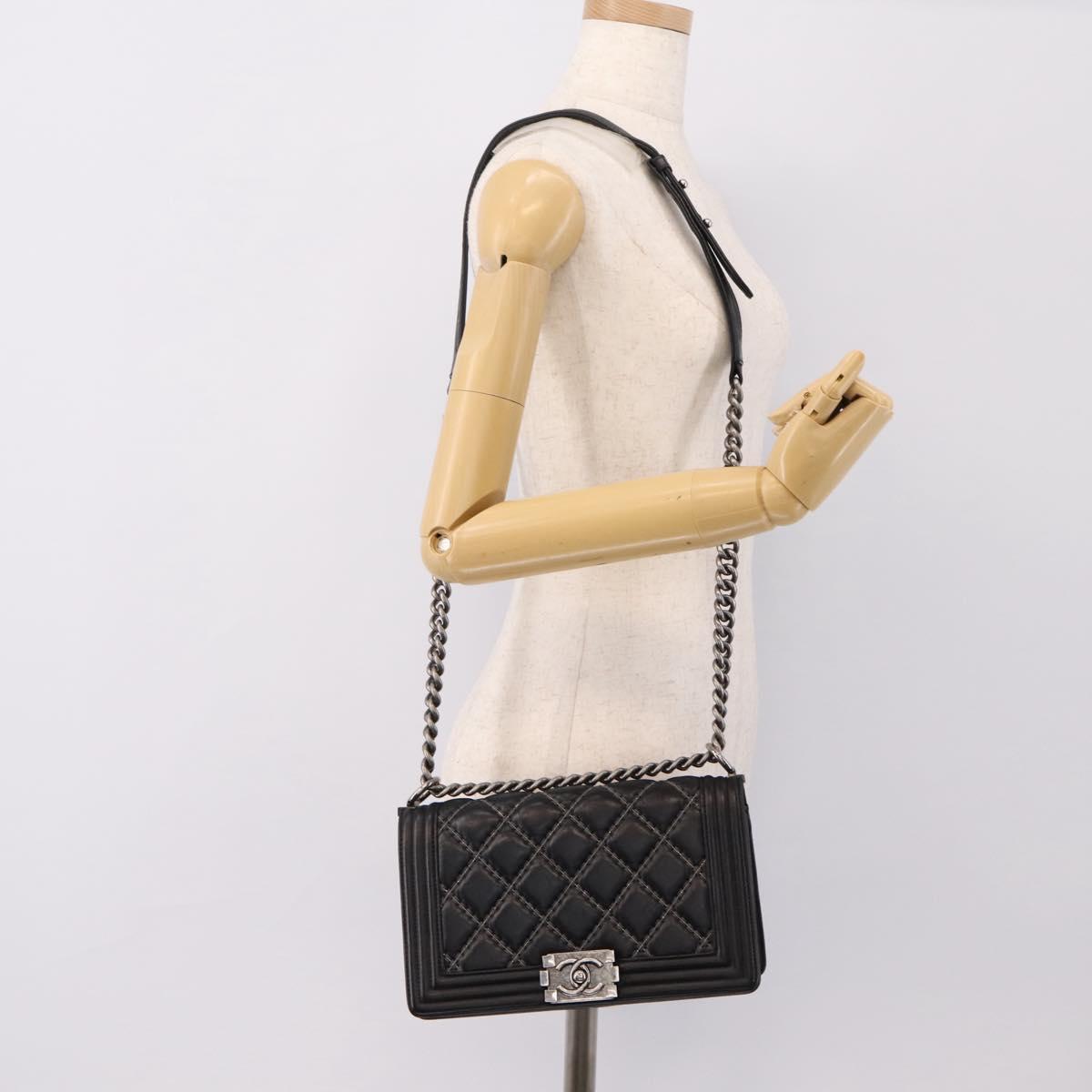 CHANEL Boy Chanel Matelasse Chain Bag Calf Skin Black Silver CC Auth 199543M