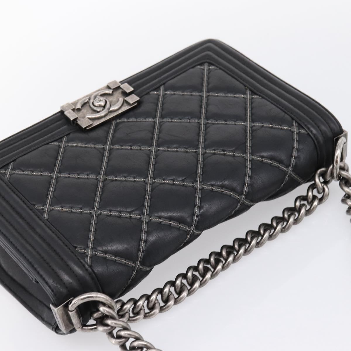 CHANEL Boy Chanel Matelasse Chain Bag Calf Skin Black Silver CC Auth 199543M