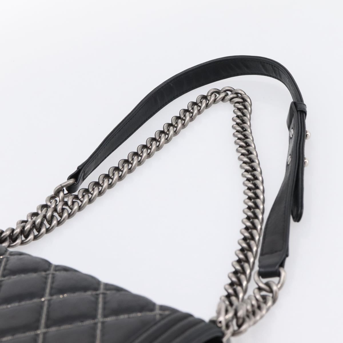 CHANEL Boy Chanel Matelasse Chain Bag Calf Skin Black Silver CC Auth 199543M
