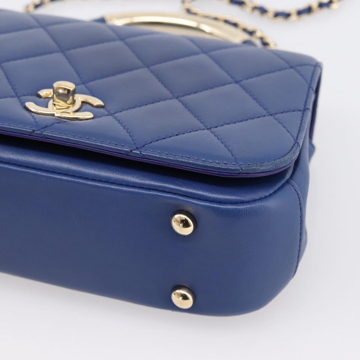CHANEL Matelasse Top Handle Hand Bag Lamb Skin 2way Blue Gold CC Auth 199544SAM