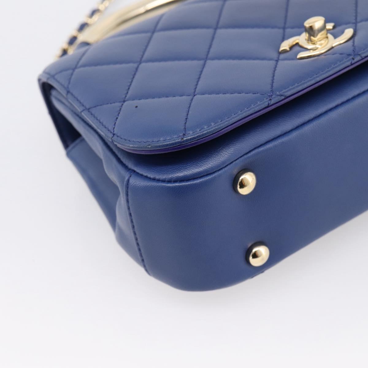 CHANEL Matelasse Top Handle Hand Bag Lamb Skin 2way Blue Gold CC Auth 199544SAM