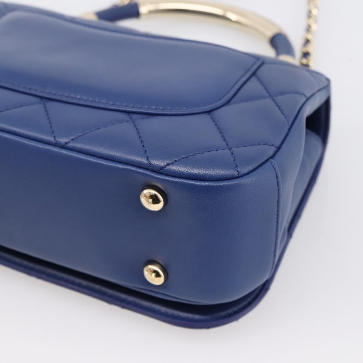 CHANEL Matelasse Top Handle Hand Bag Lamb Skin 2way Blue Gold CC Auth 199544SAM