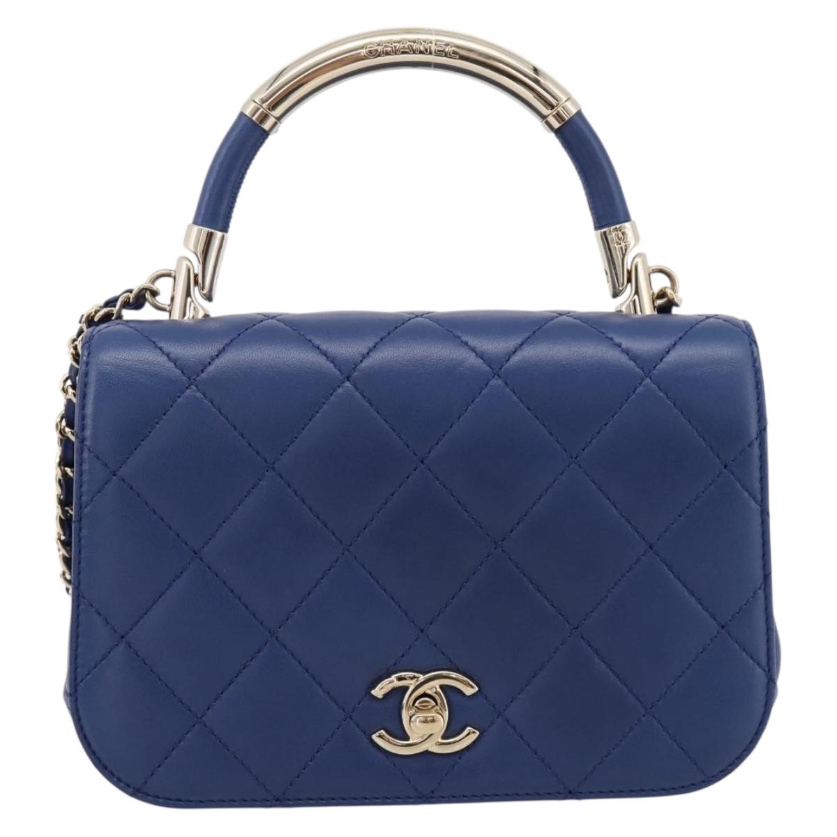CHANEL Matelasse Top Handle Hand Bag Lamb Skin 2way Blue Gold CC Auth 199544SAM