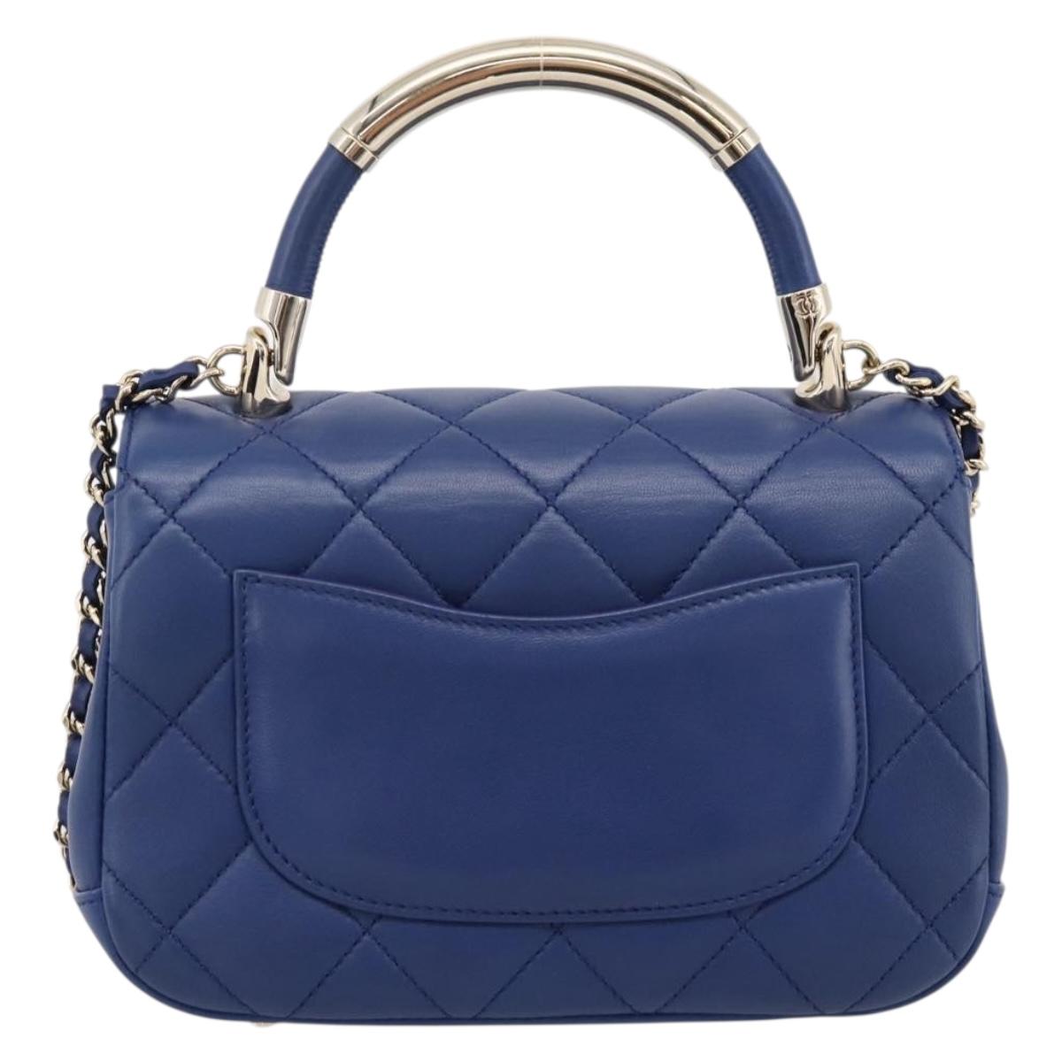 CHANEL Matelasse Top Handle Hand Bag Lamb Skin 2way Blue Gold CC Auth 199544SAM