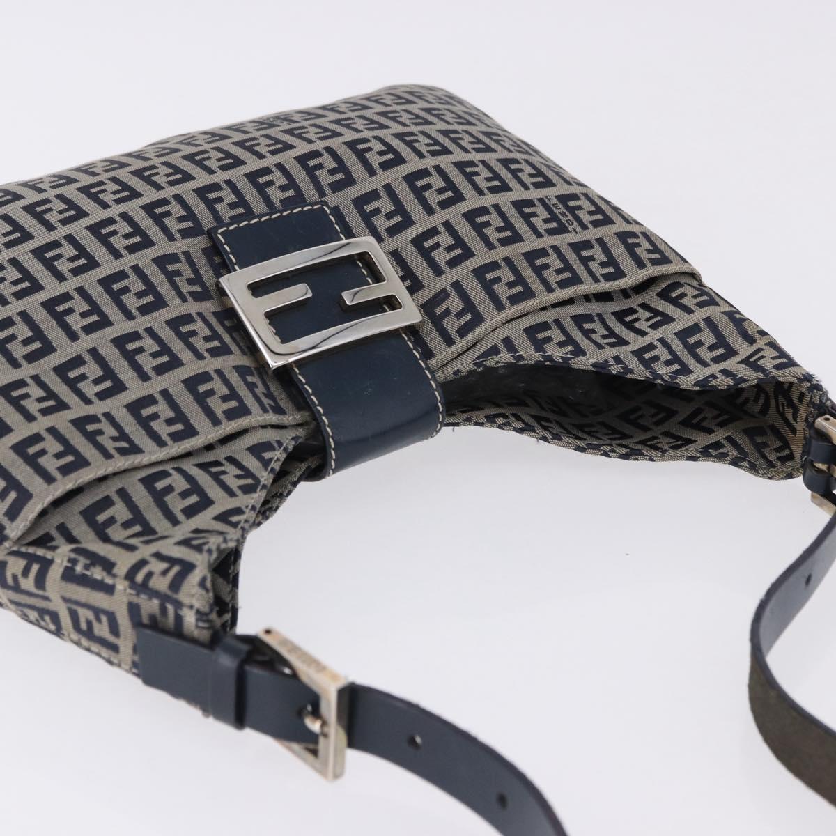 FENDI Zucchino Canvas Mamma Baguette Shoulder Bag Navy Silver Auth 199586V