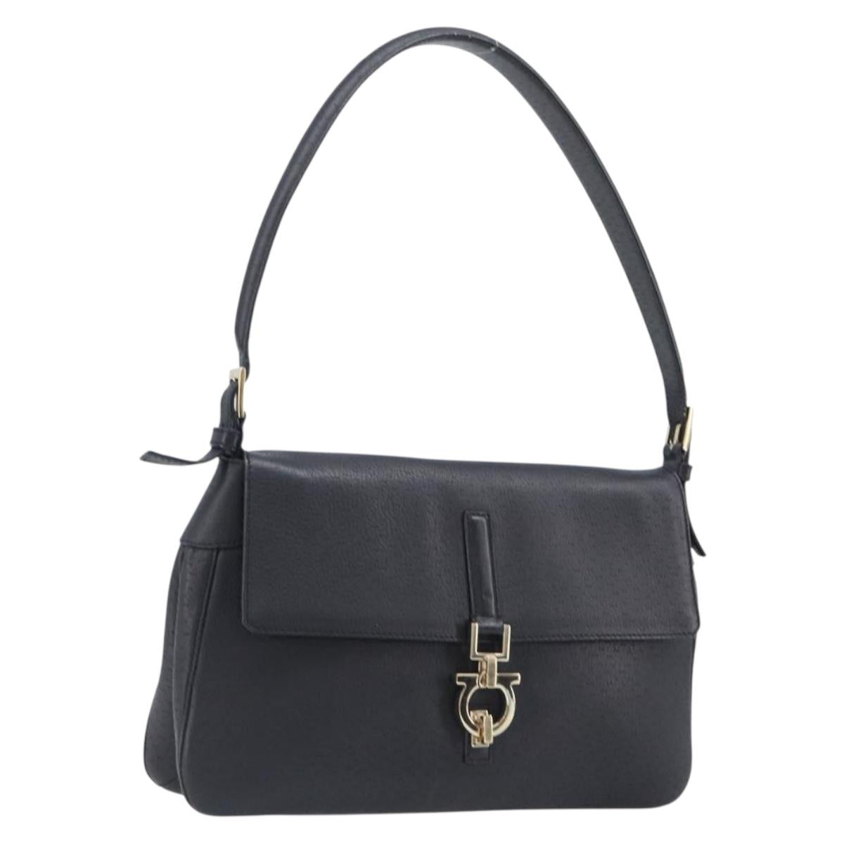 Salvatore Ferragamo Gancini Shoulder Bag Leather Black Gold Auth 199594