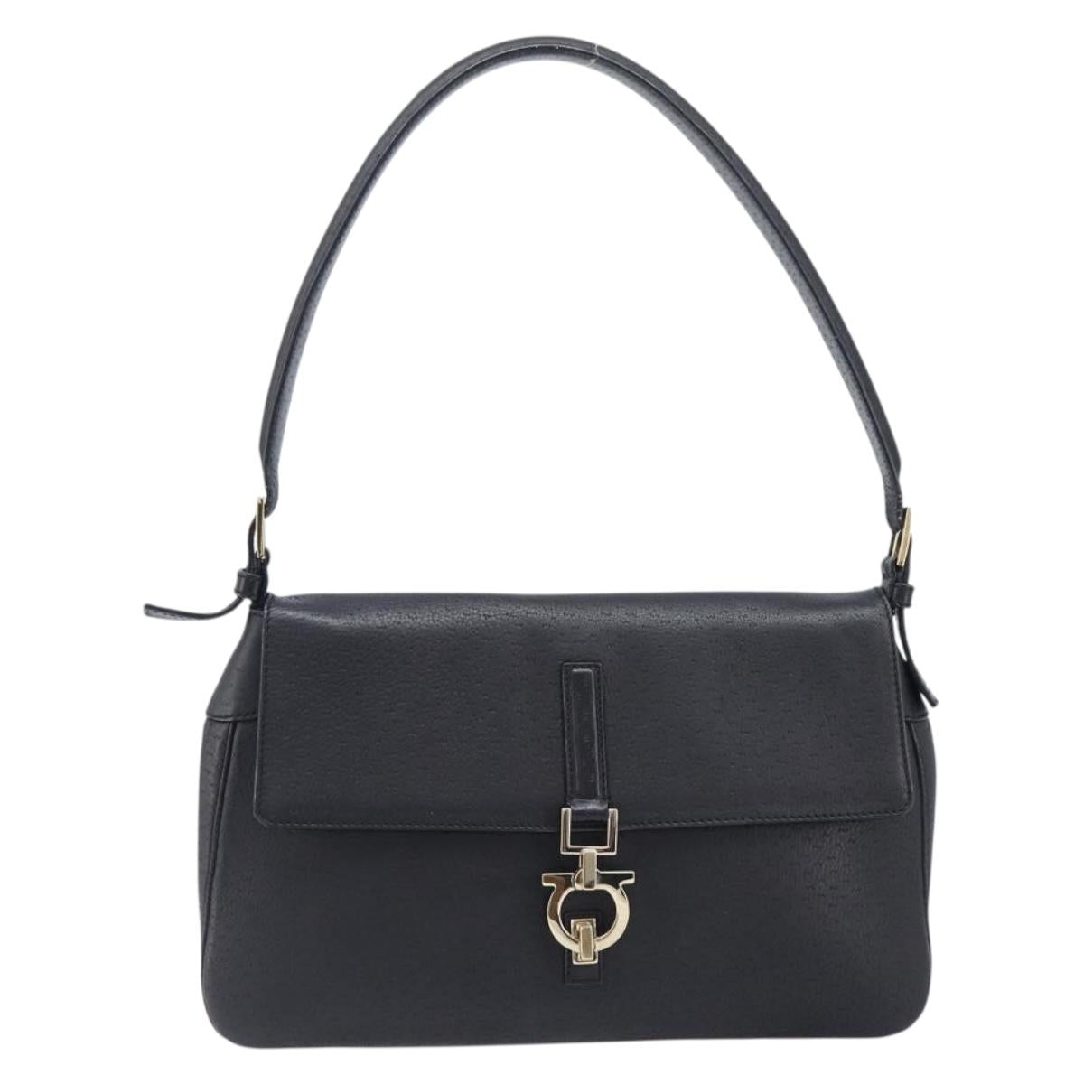 Salvatore Ferragamo Gancini Shoulder Bag Leather Black Gold Auth 199594