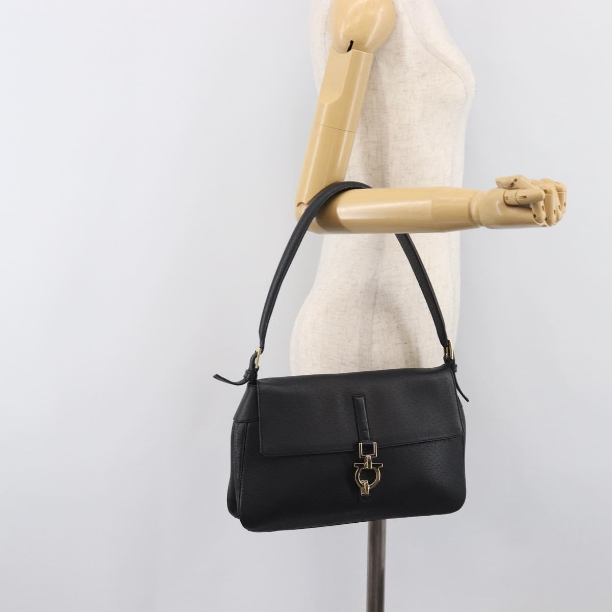 Salvatore Ferragamo Gancini Shoulder Bag Leather Black Gold Auth 199594