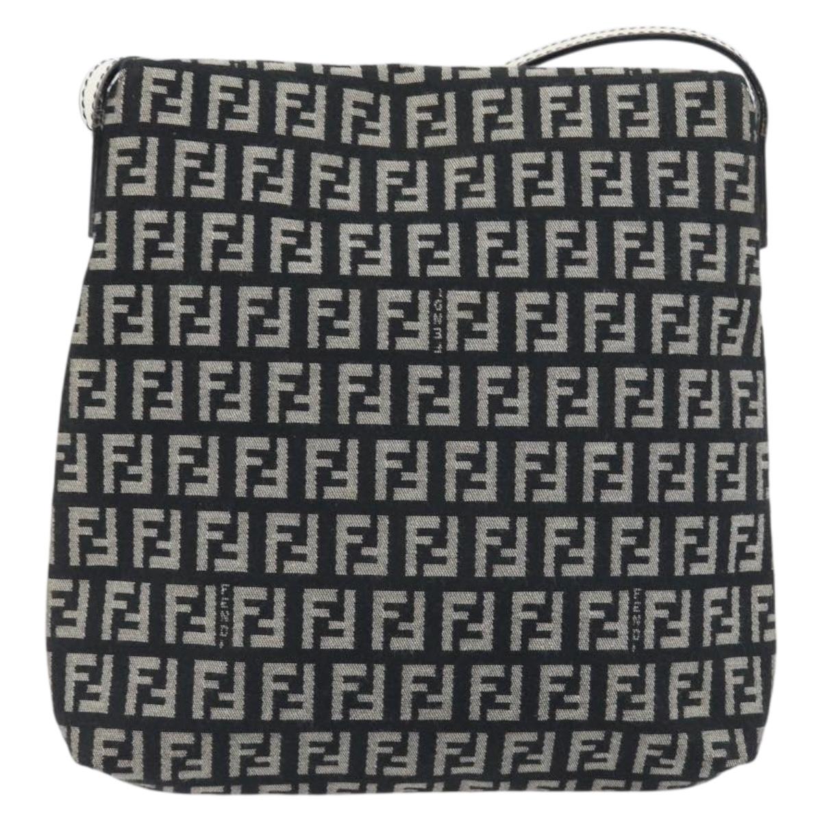 FENDI Zucchino Canvas Mamma Baguette Shoulder Bag Black Gold Auth 199623V
