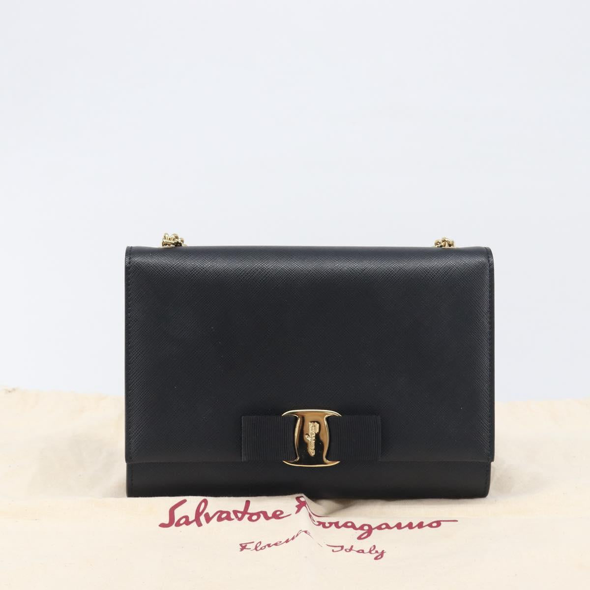 Salvatore Ferragamo Vala Chain Shoulder Bag Leather Black Gold Auth 199639V