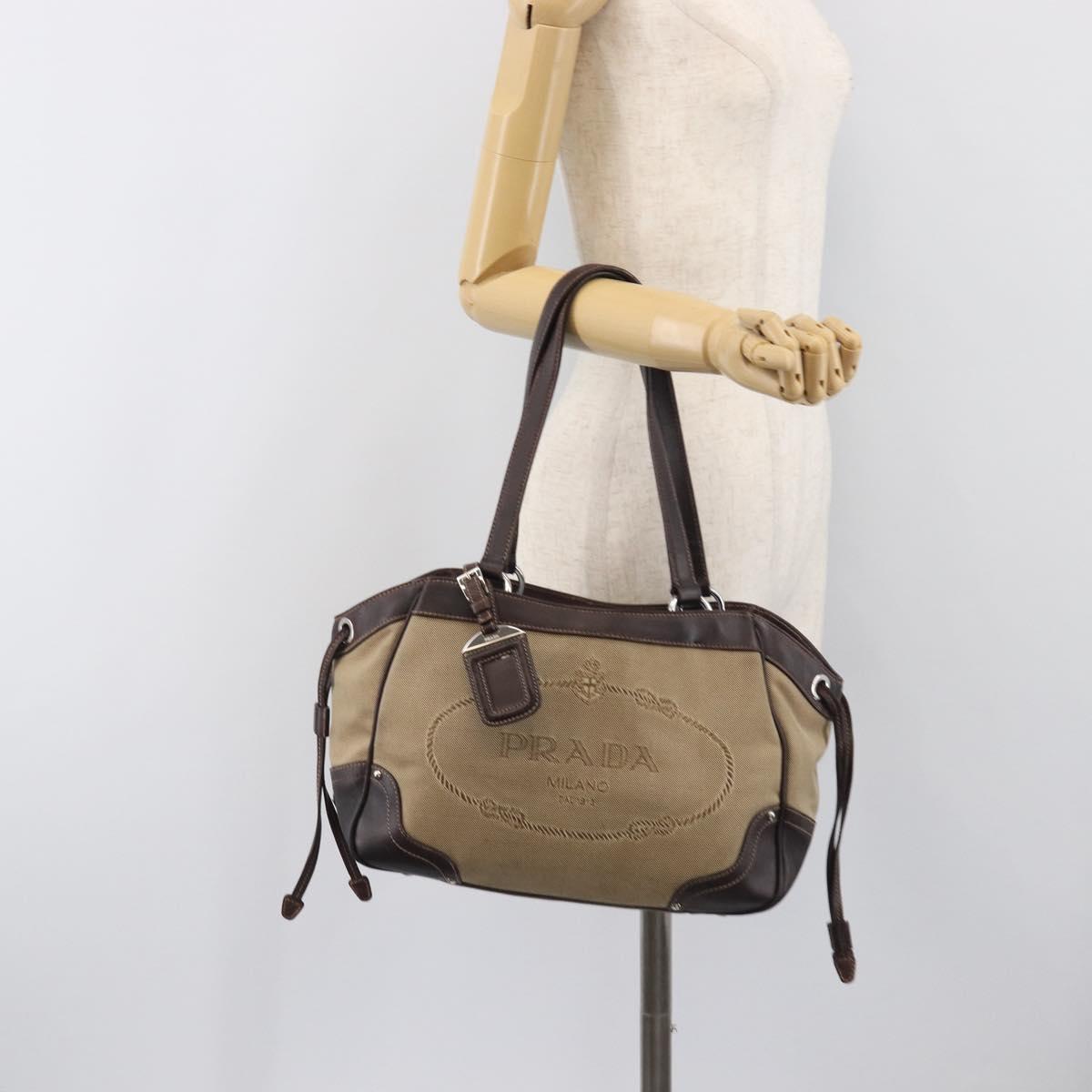 PRADA Tote Bag Canvas Jacquard Beige Silver Auth 199661V