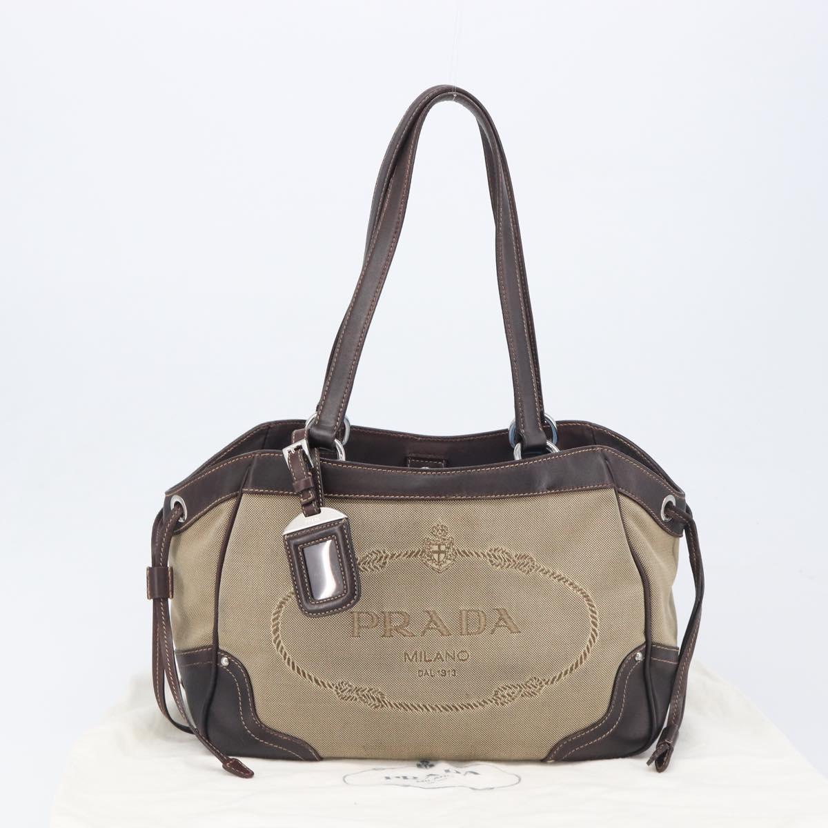 PRADA Tote Bag Canvas Jacquard Beige Silver Auth 199661V