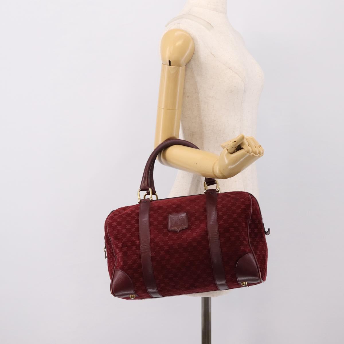 CELINE Macadam Canvas Boston Bag Suede Bordeaux Gold Auth 199667