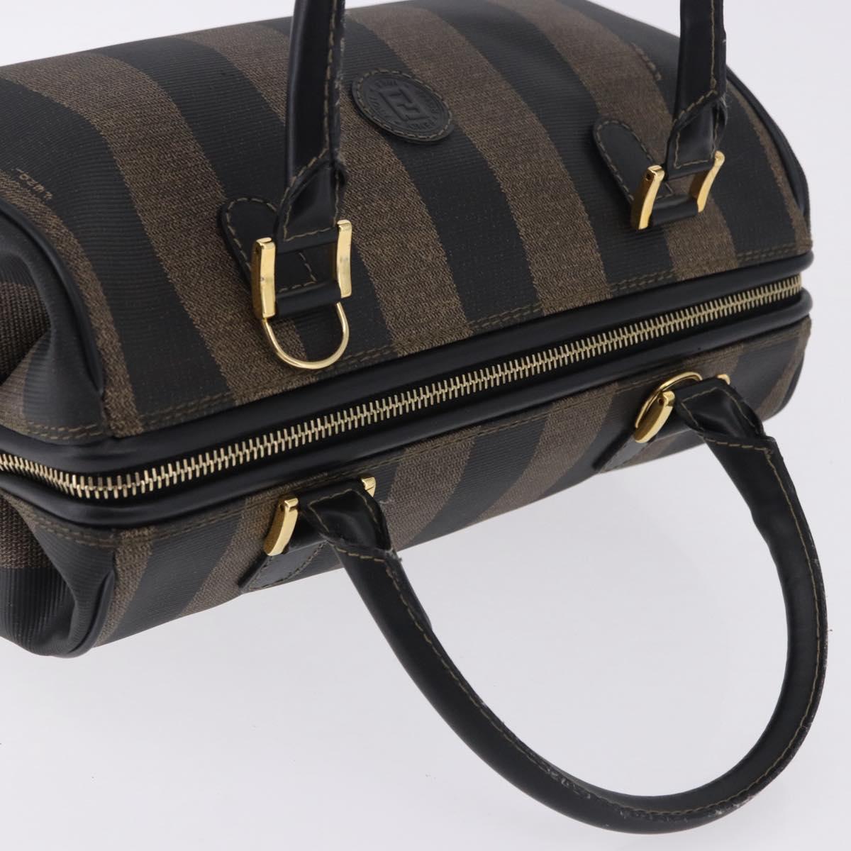 FENDI Pecan Canvas Boston Bag PVC Black Brown gold Auth 199677V
