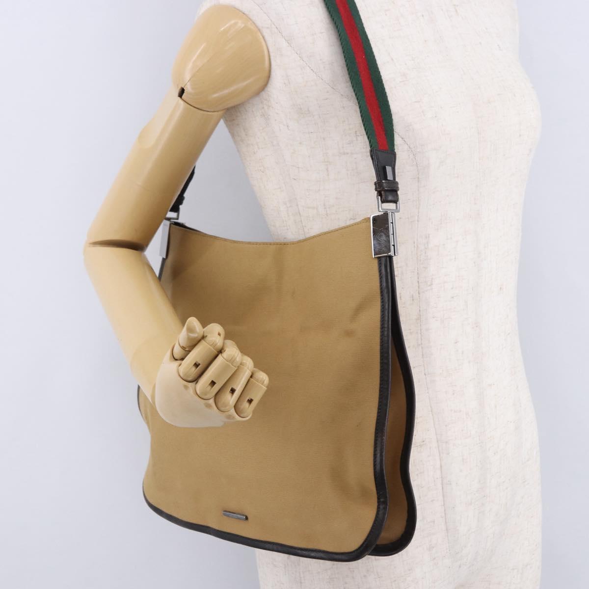 GUCCI Web Sherry Line Shoulder Bag Canvas Beige Silver 001 4321 Auth 199680A