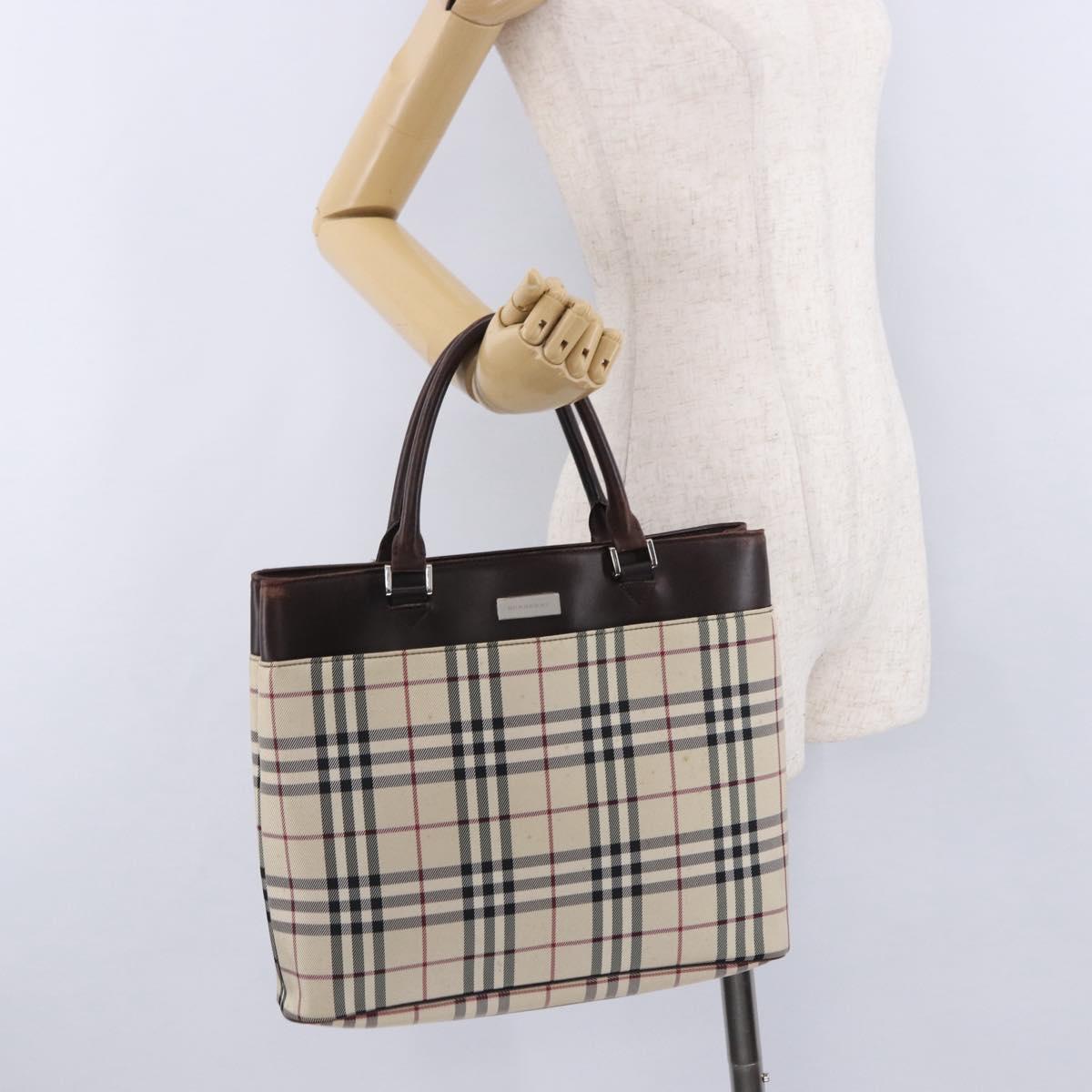 BURBERRY Nova Check Hand Bag Canvas Beige Silver Auth 199684