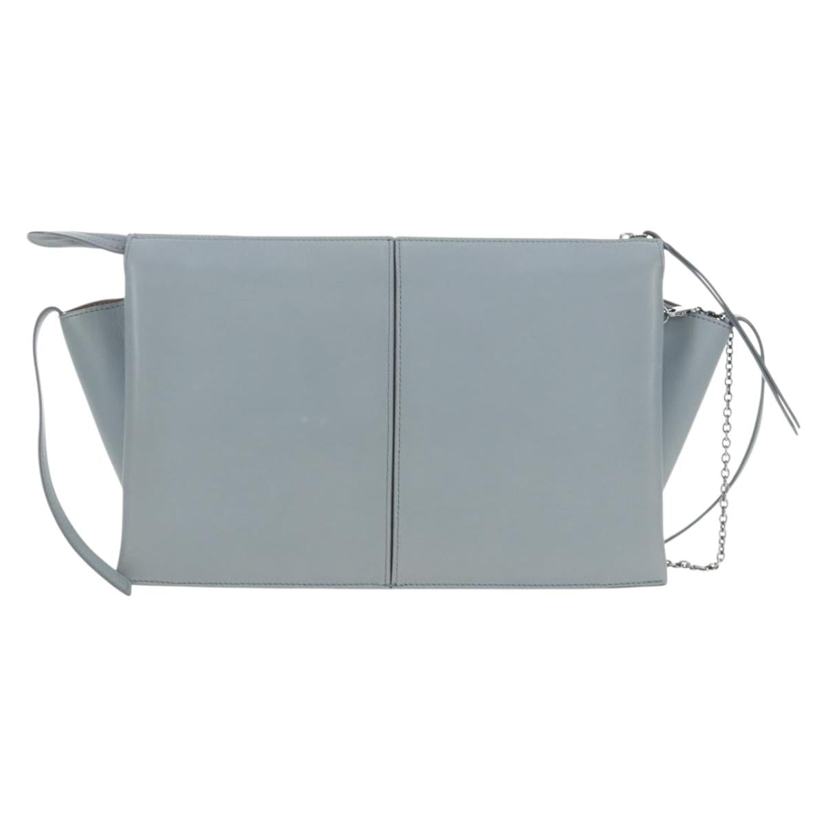 CELINE Chain Trillodo Shoulder Bag Leather Light Blue Silver Auth 199685V
