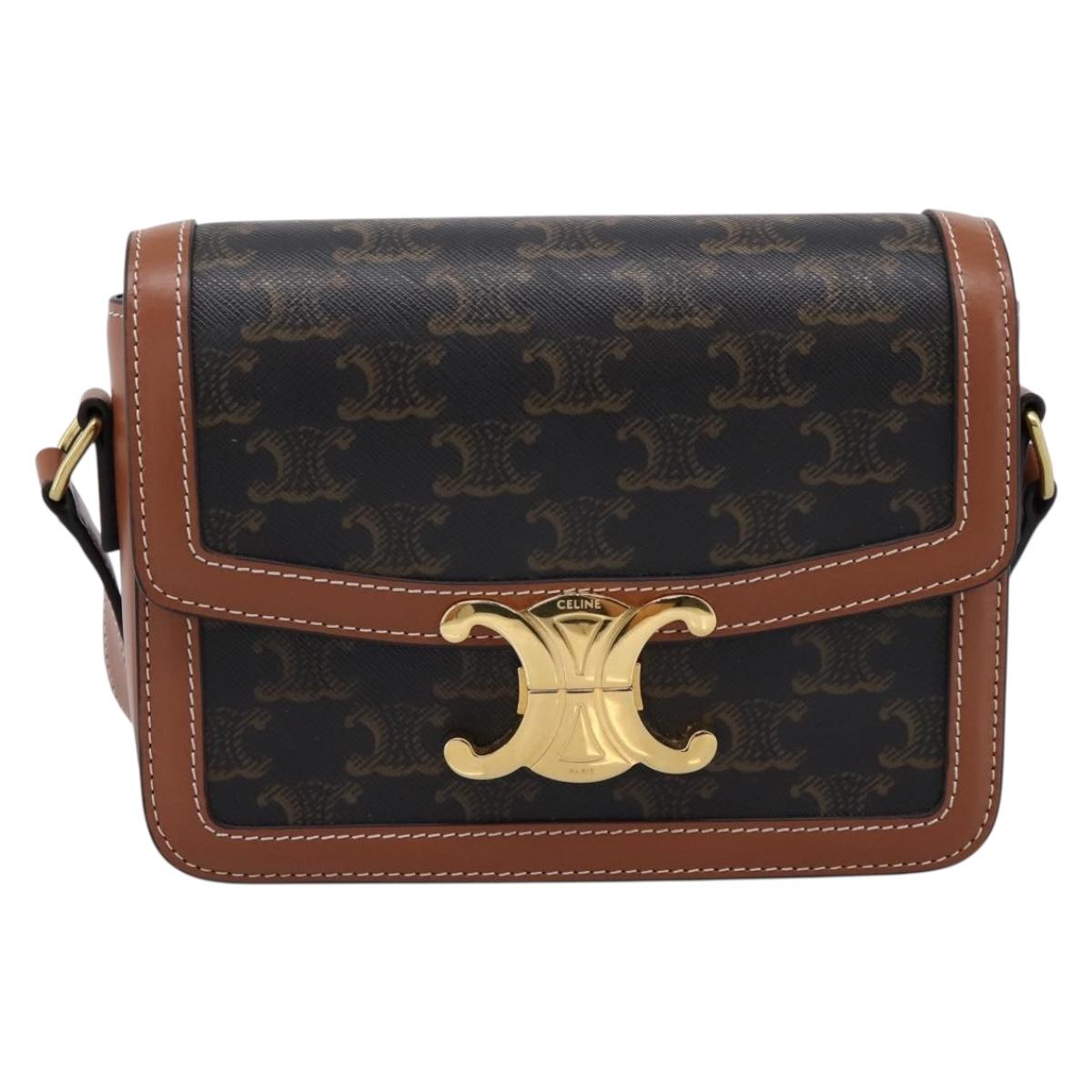 CELINE Triomphe Shoulder Bag PVC Leather Brown Gold Tone Auth 199806SM