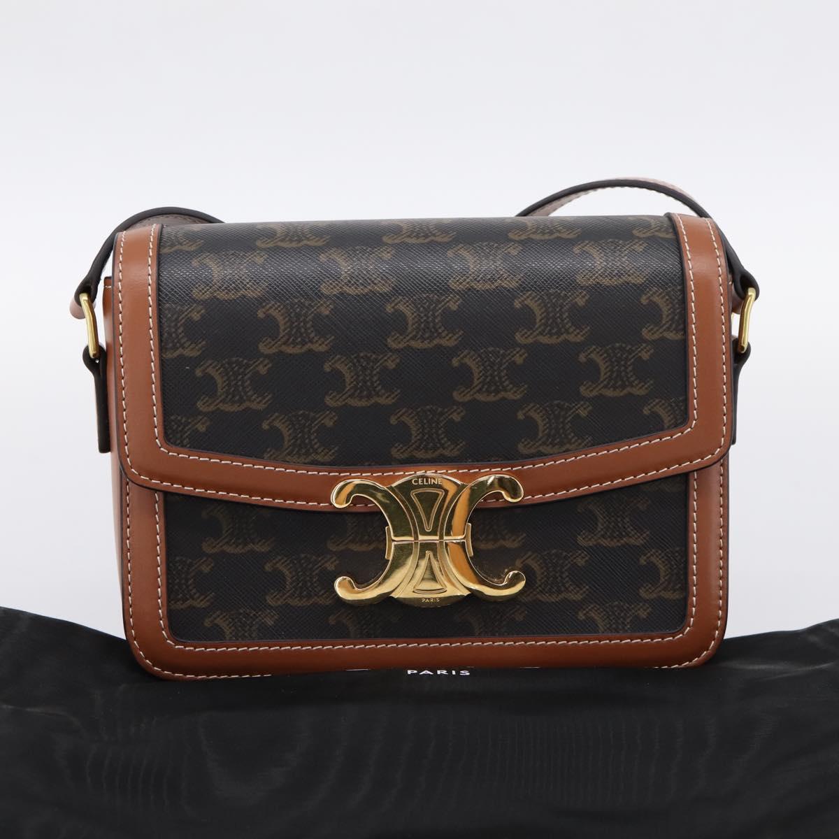 CELINE Triomphe Shoulder Bag PVC Leather Brown Gold Tone Auth 199806SM