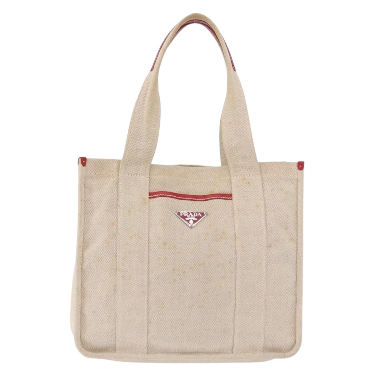 PRADA Tote Bag Canvas Beige Red Auth 199809
