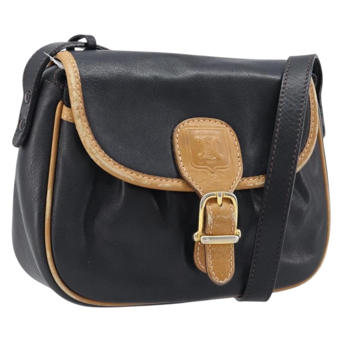 CELINE Shoulder Bag Leather Black Gold Auth 199823