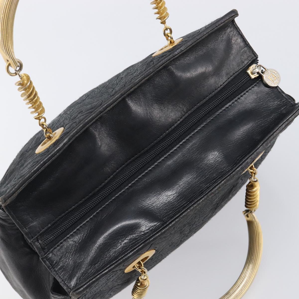 FENDI Macaroni Hand Bag Leather Black Gold Auth 199827