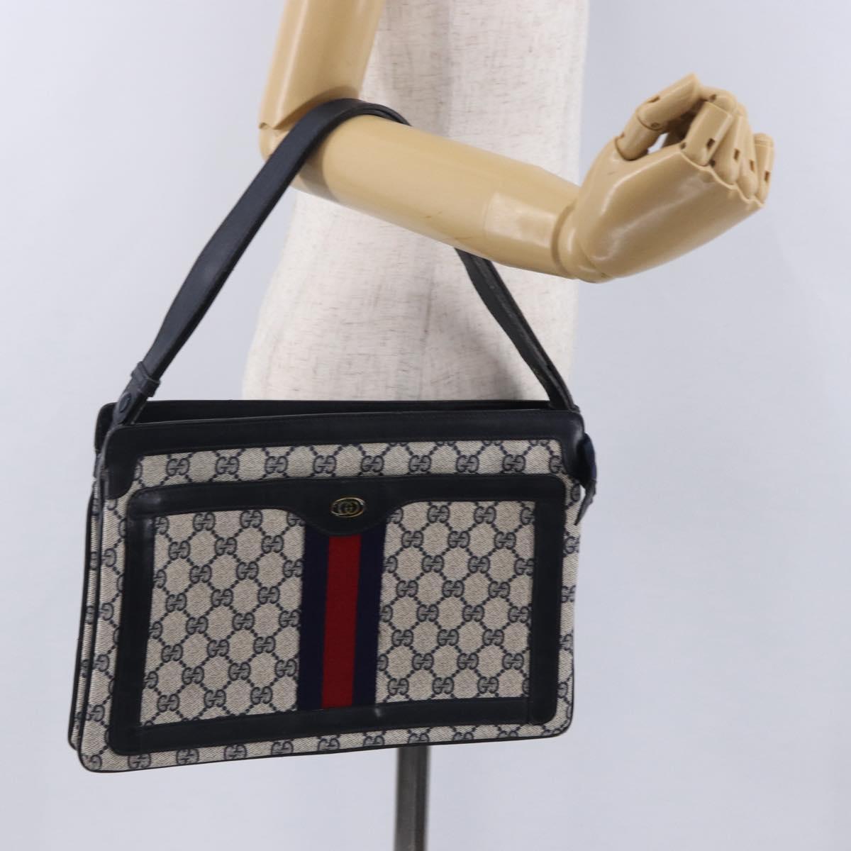 GUCCI GG Supreme Sherry Line Shoulder Bag PVC Navy Gold Auth 199828