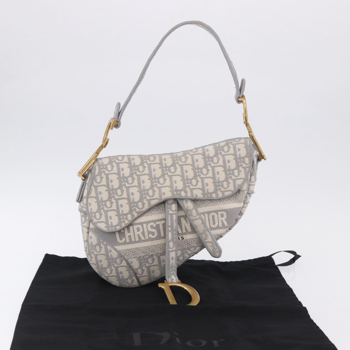 Christian Dior Trotter Canvas Saddle Oblique Bag Gray Gold Auth 199836SM