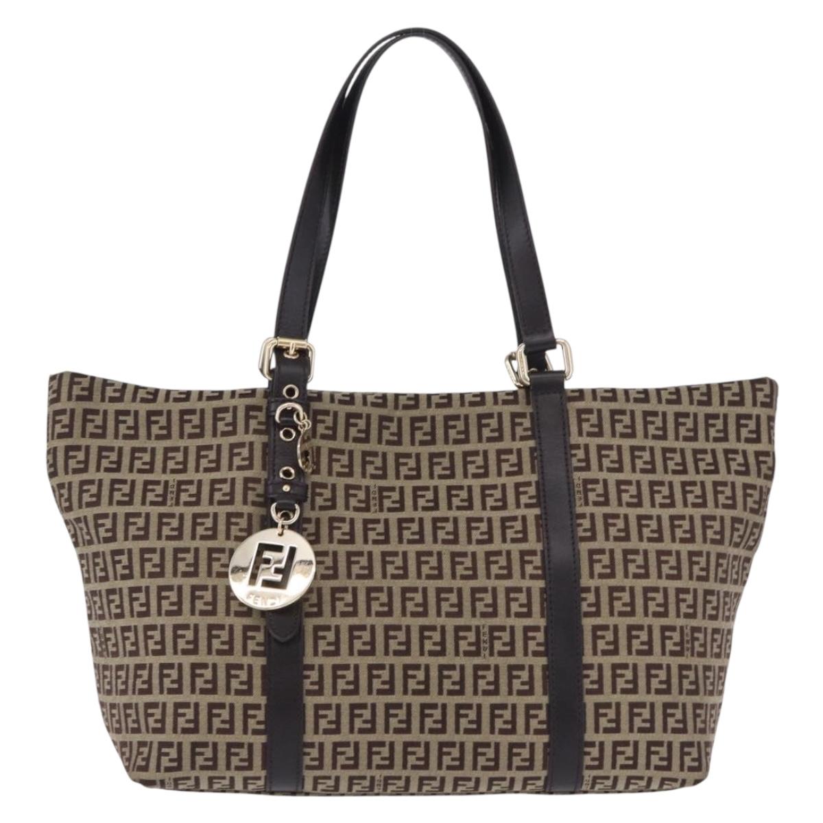 FENDI Zucchino Canvas Tote Bag Beige Gold Auth 199839V