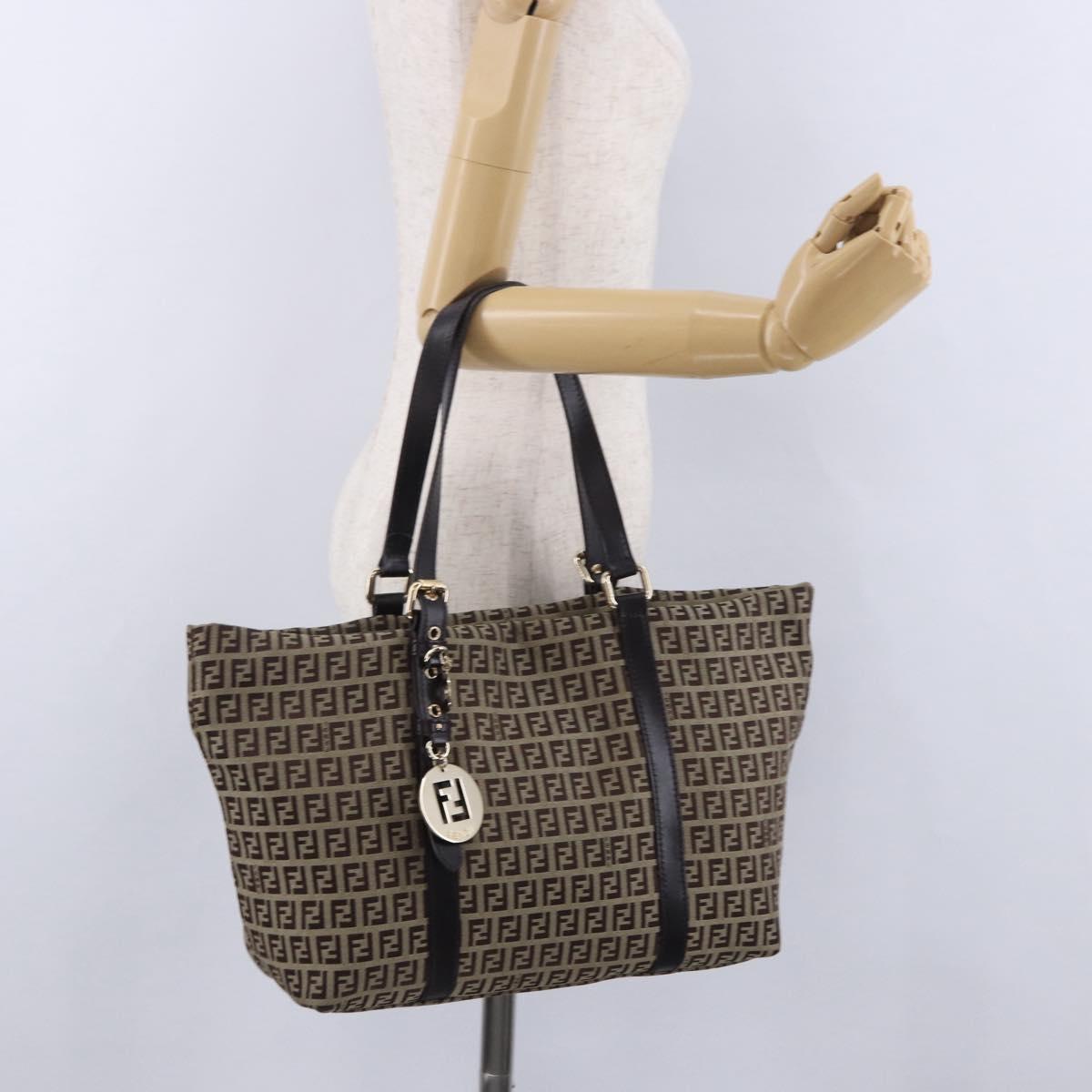 FENDI Zucchino Canvas Tote Bag Beige Gold Auth 199839V