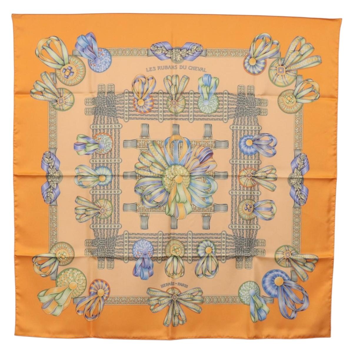 HERMES Carre 90 Scarf Silk ""LES RUBANS DU CHEVAL"" Orange Auth 199852M