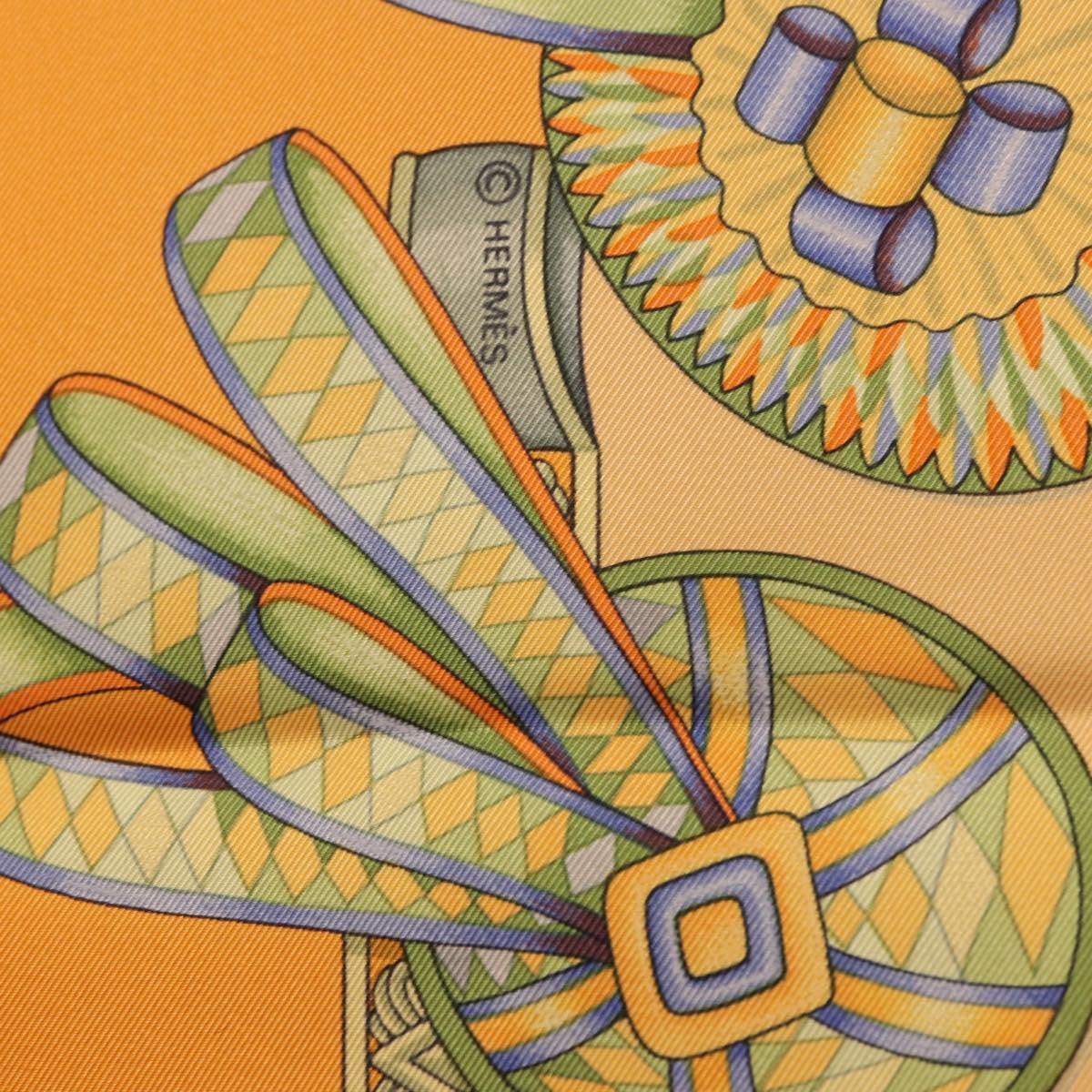 HERMES Carre 90 Scarf Silk ""LES RUBANS DU CHEVAL"" Orange Auth 199852M