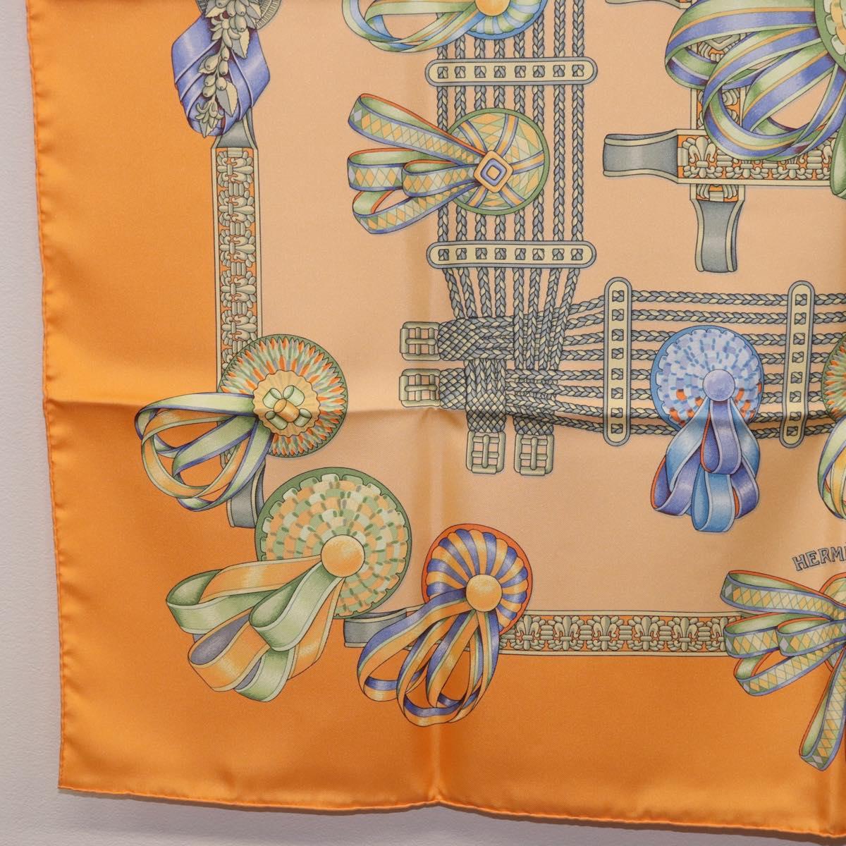 HERMES Carre 90 Scarf Silk ""LES RUBANS DU CHEVAL"" Orange Auth 199852M