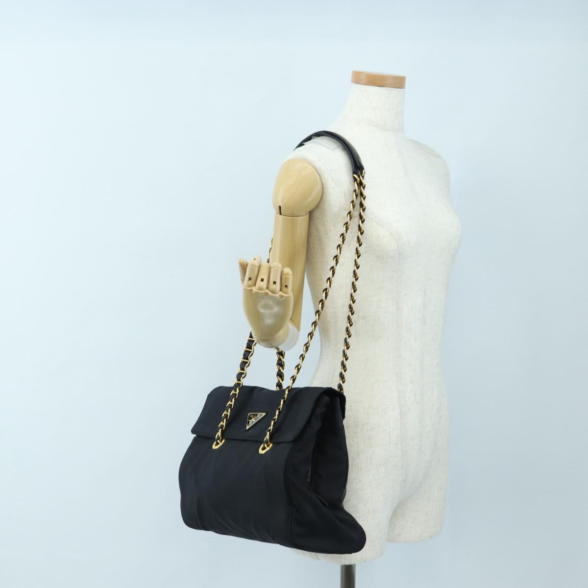 PRADA Chain Shoulder Bag Nylon Black Gold Auth 199857V