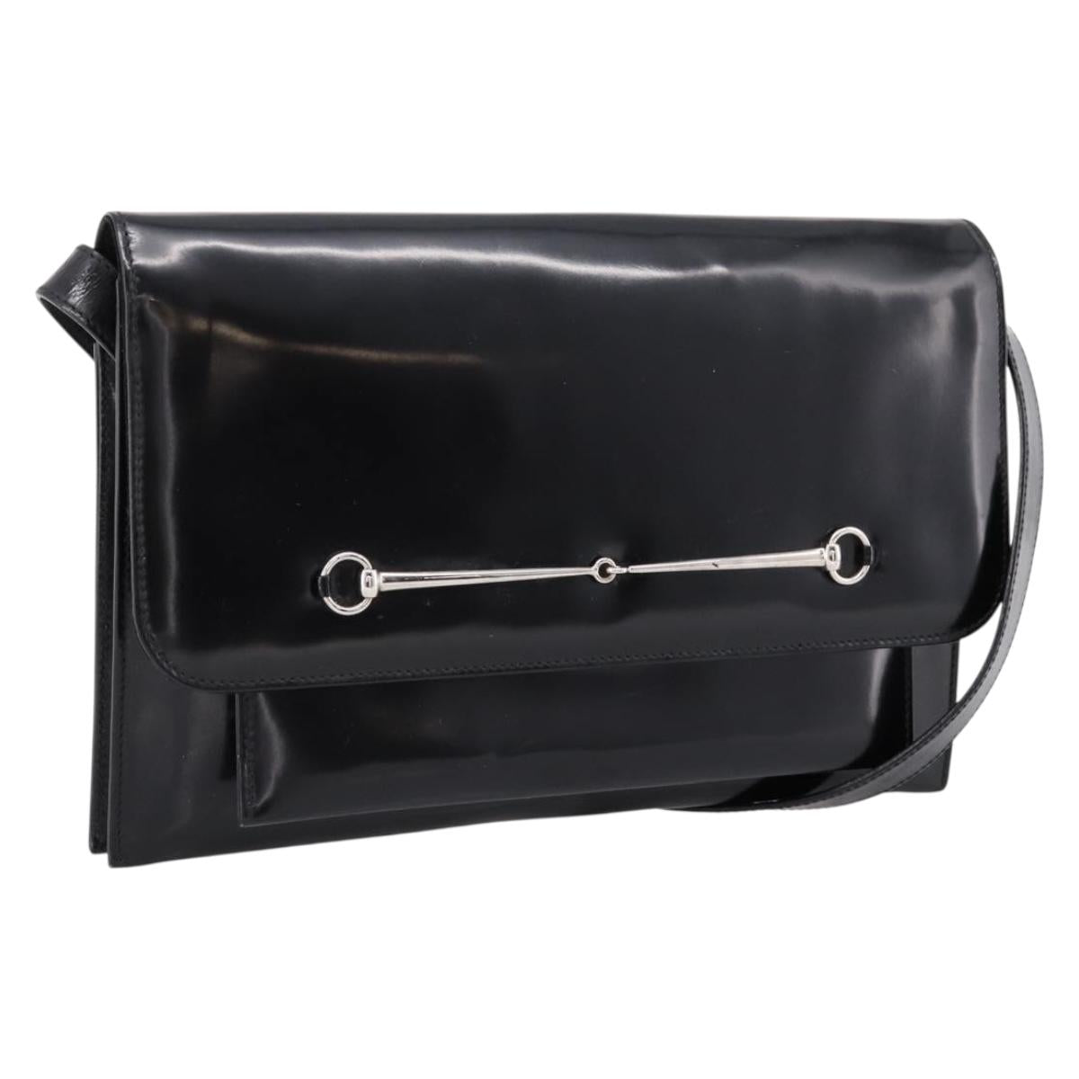 GUCCI Horsebit Shoulder Bag Patent leather Black Silver Auth 199860