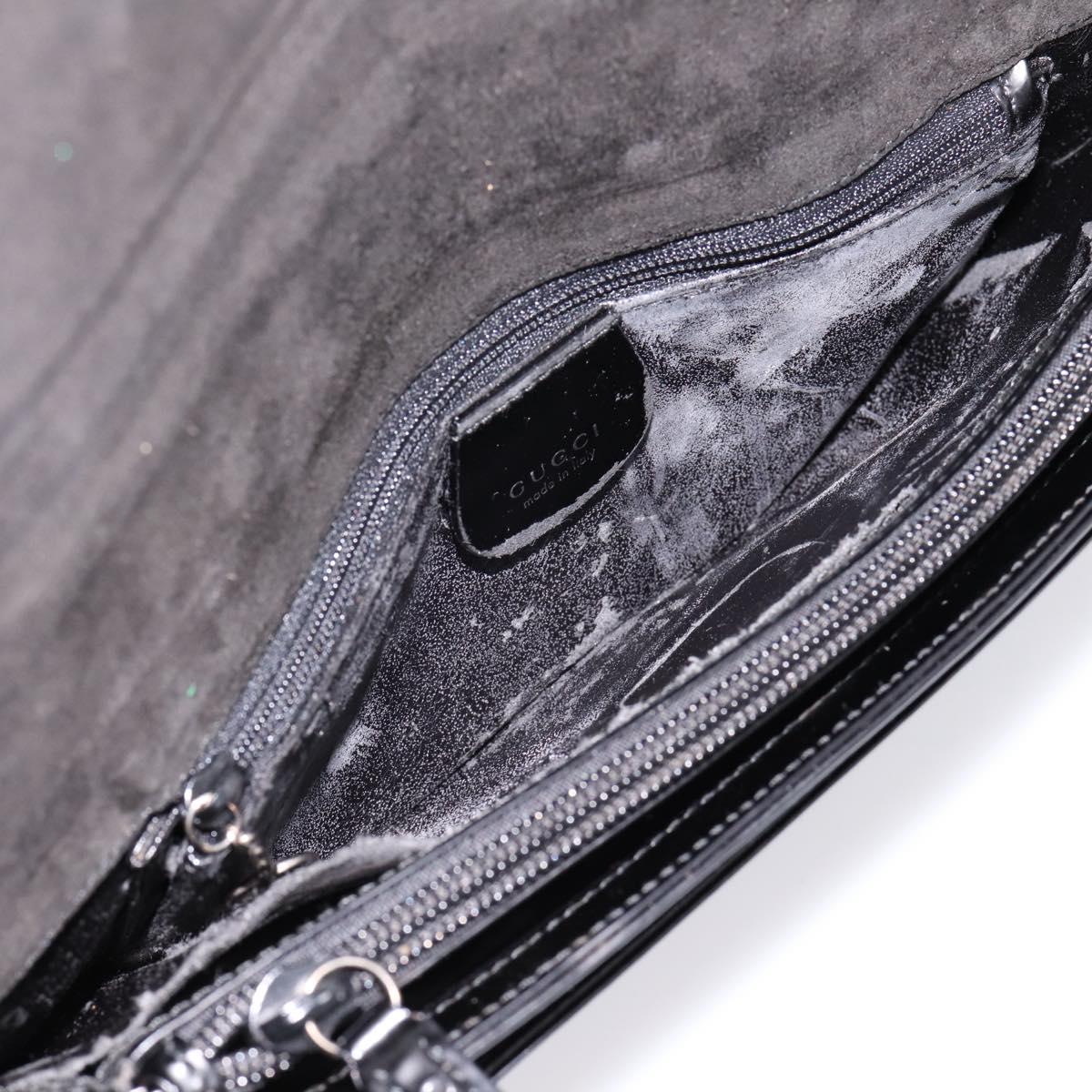 GUCCI Horsebit Shoulder Bag Patent leather Black Silver Auth 199860