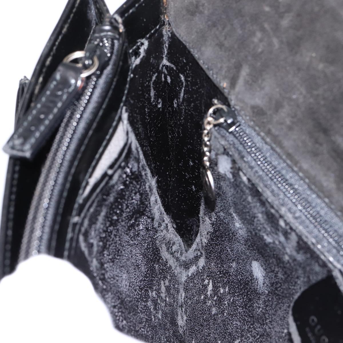 GUCCI Horsebit Shoulder Bag Patent leather Black Silver Auth 199860