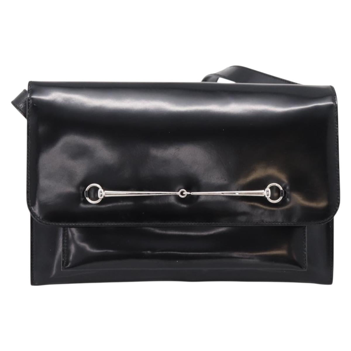 GUCCI Horsebit Shoulder Bag Patent leather Black Silver Auth 199860