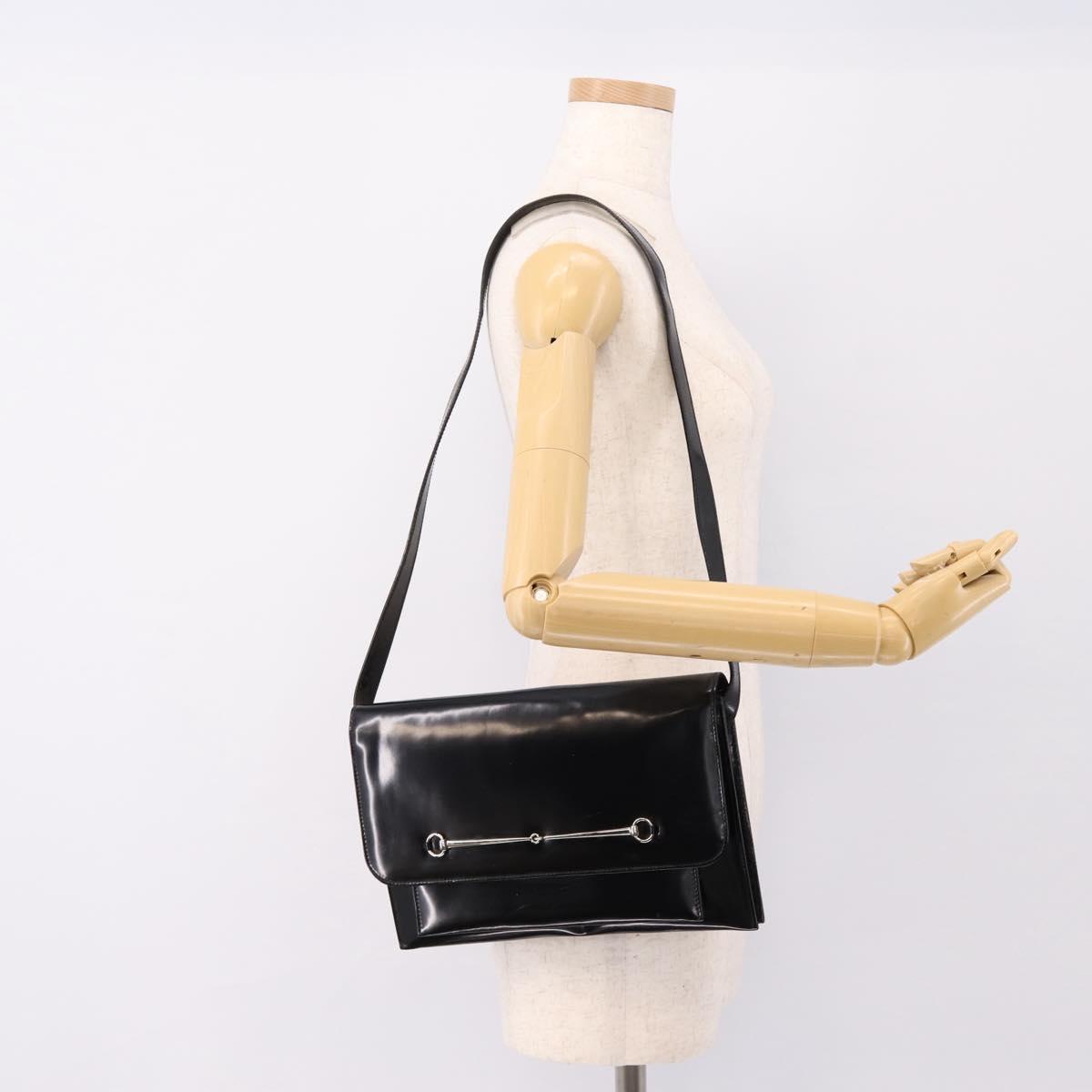 GUCCI Horsebit Shoulder Bag Patent leather Black Silver Auth 199860