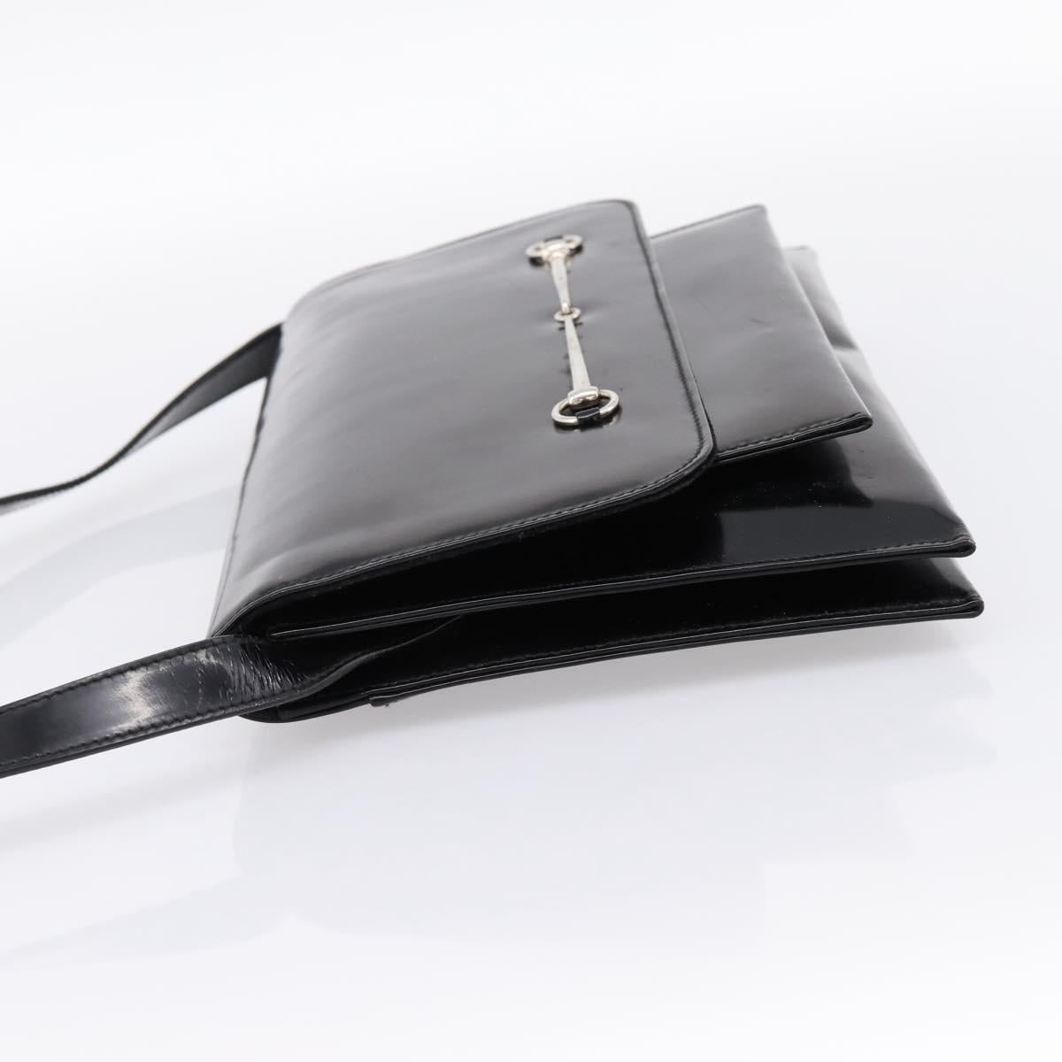 GUCCI Horsebit Shoulder Bag Patent leather Black Silver Auth 199860