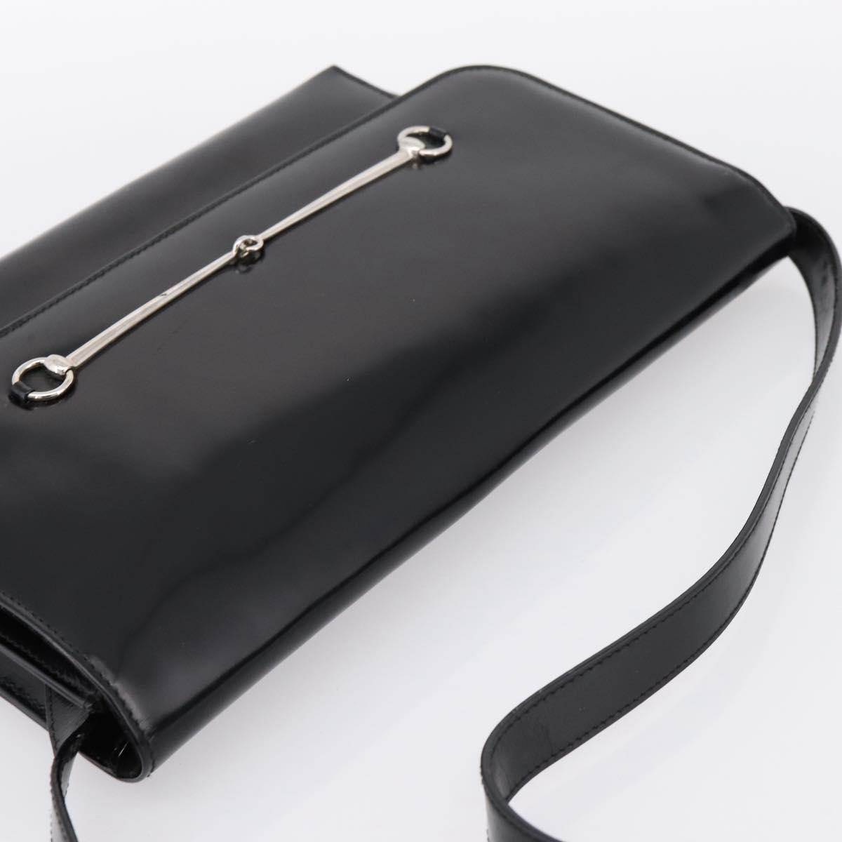 GUCCI Horsebit Shoulder Bag Patent leather Black Silver Auth 199860