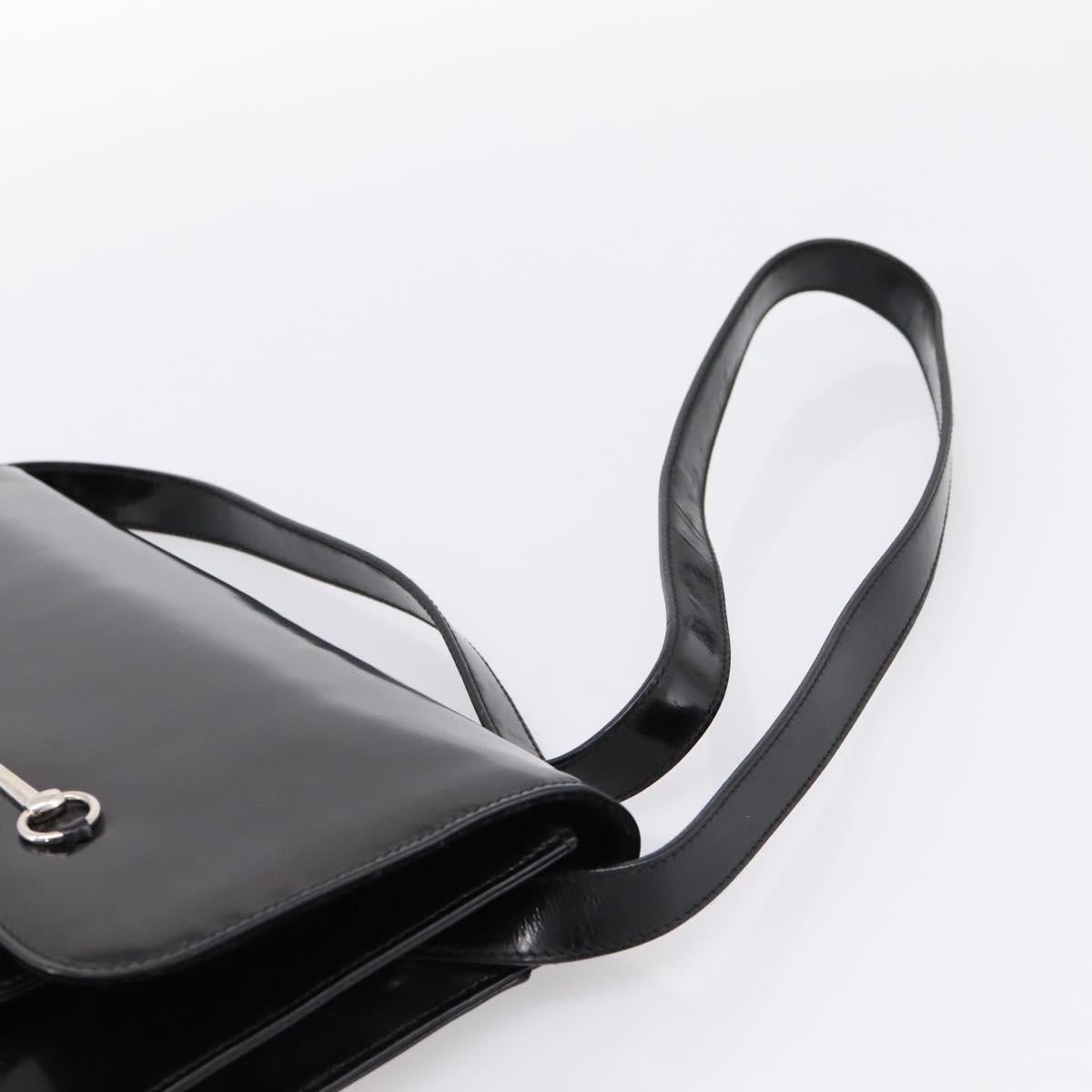 GUCCI Horsebit Shoulder Bag Patent leather Black Silver Auth 199860