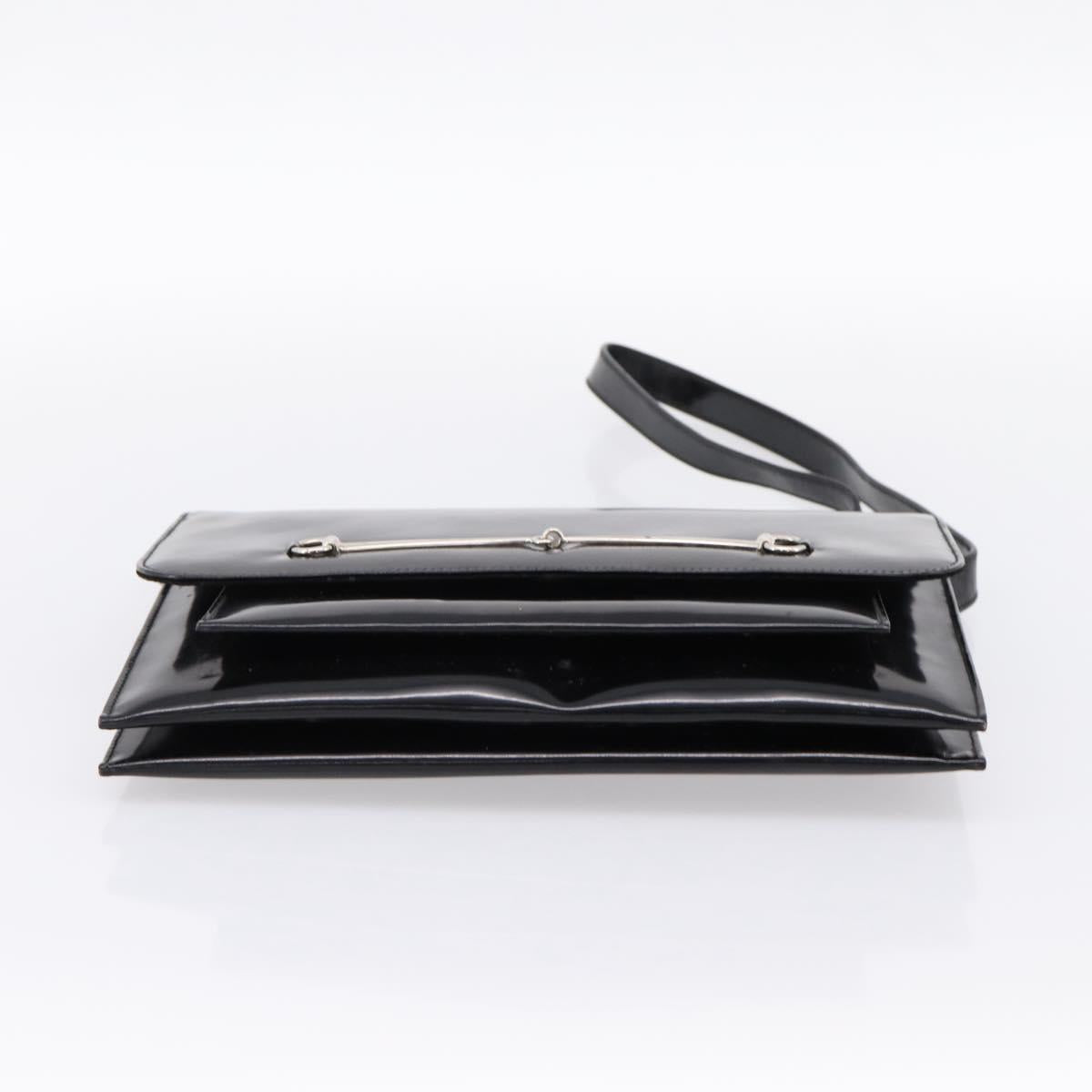 GUCCI Horsebit Shoulder Bag Patent leather Black Silver Auth 199860